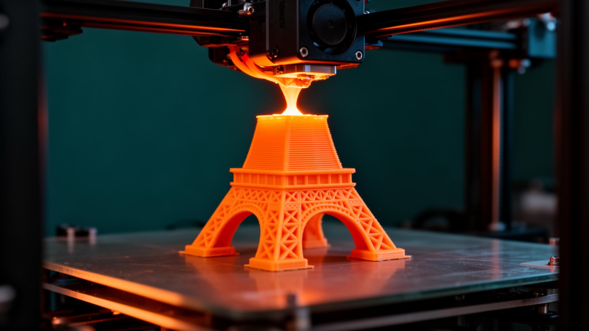 3D-skrivare som extruderar glödhet orange filament